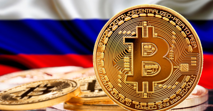 Gold coin with Russian flag in the background