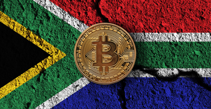 Digital currency coin with cracked South Africa flag