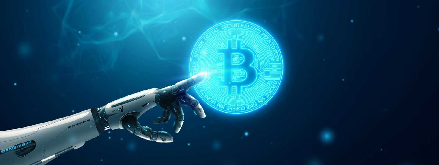 Cyborg arm pointing at BTC coin