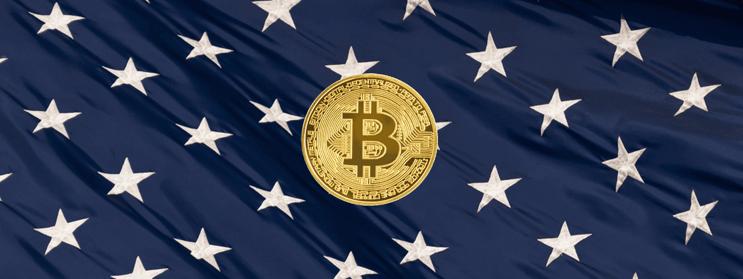 BTC coin with USA flag background