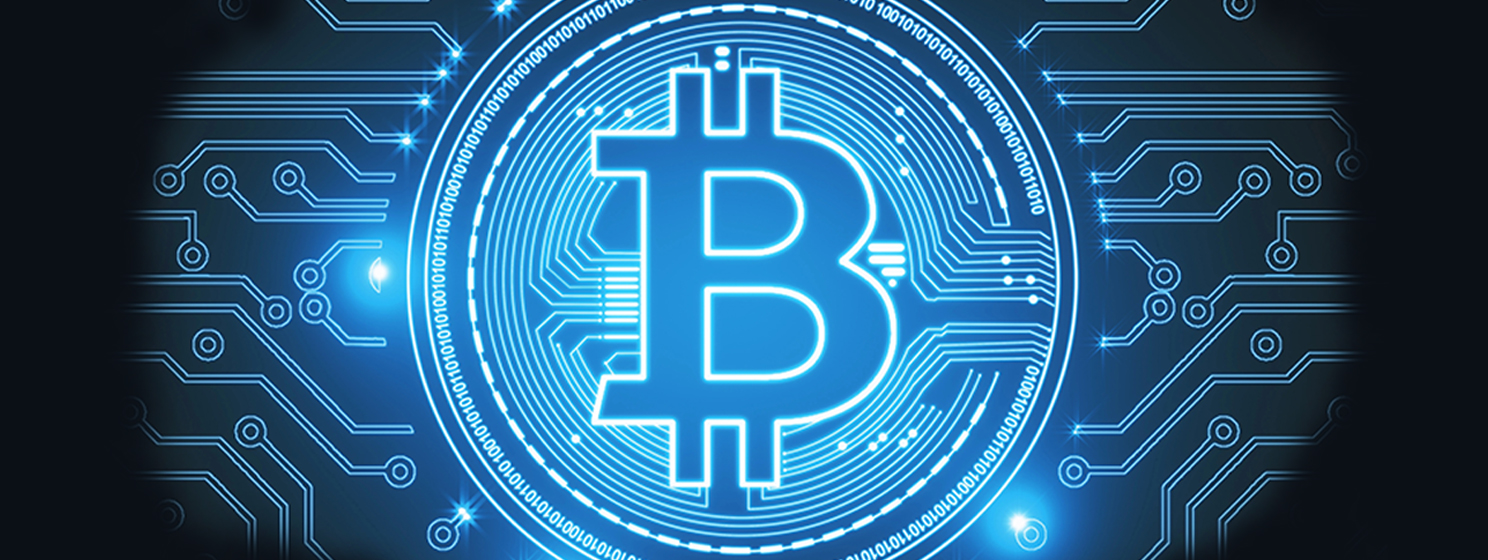 Blue Bitcoin with tech background