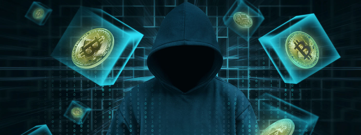 Cyberhacker with BTC coins inside cubes floating