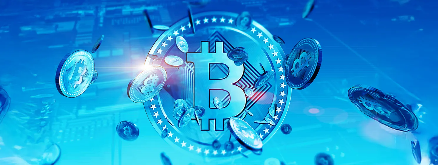 Blue Bitcoin with falling coins on background