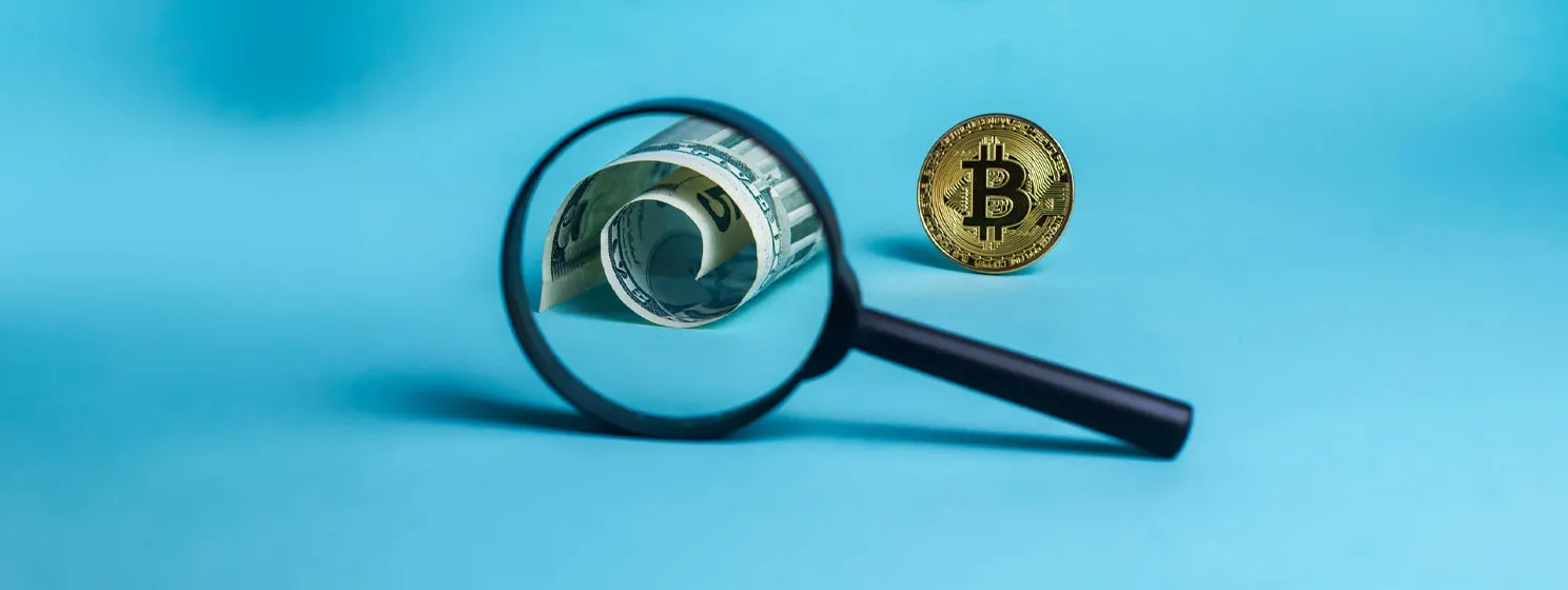 Magnifying glass, dollar bill, and BTC coin over a blue background