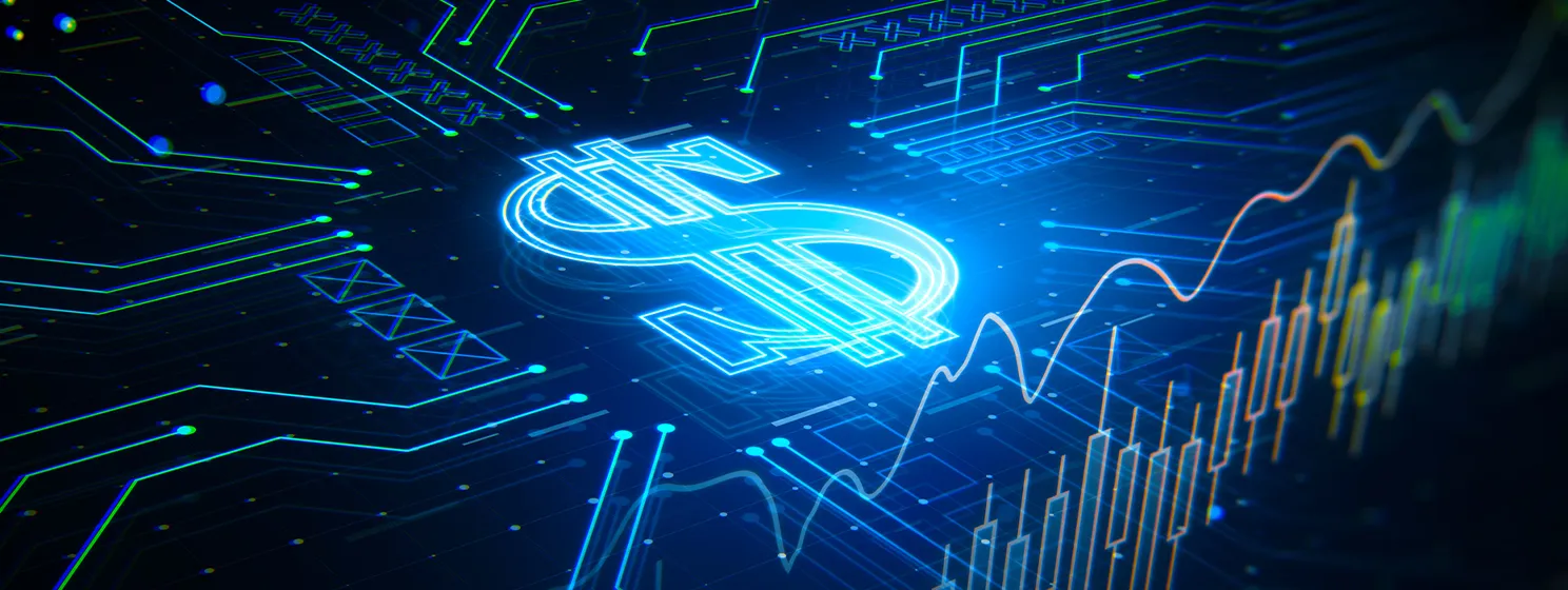 Dollar sign on microcircuit financial chart