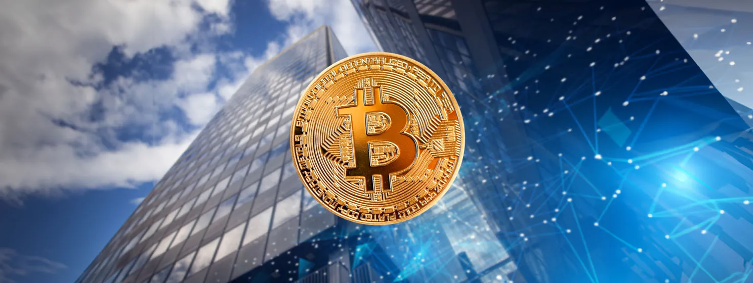 BTC coin over high buildings background with tech overlay