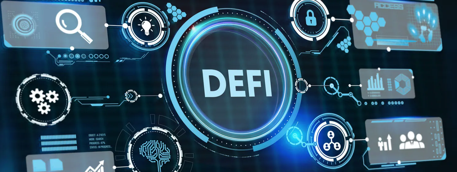 DeFi -Decentralized Finance on dark blue abstract polygonal background