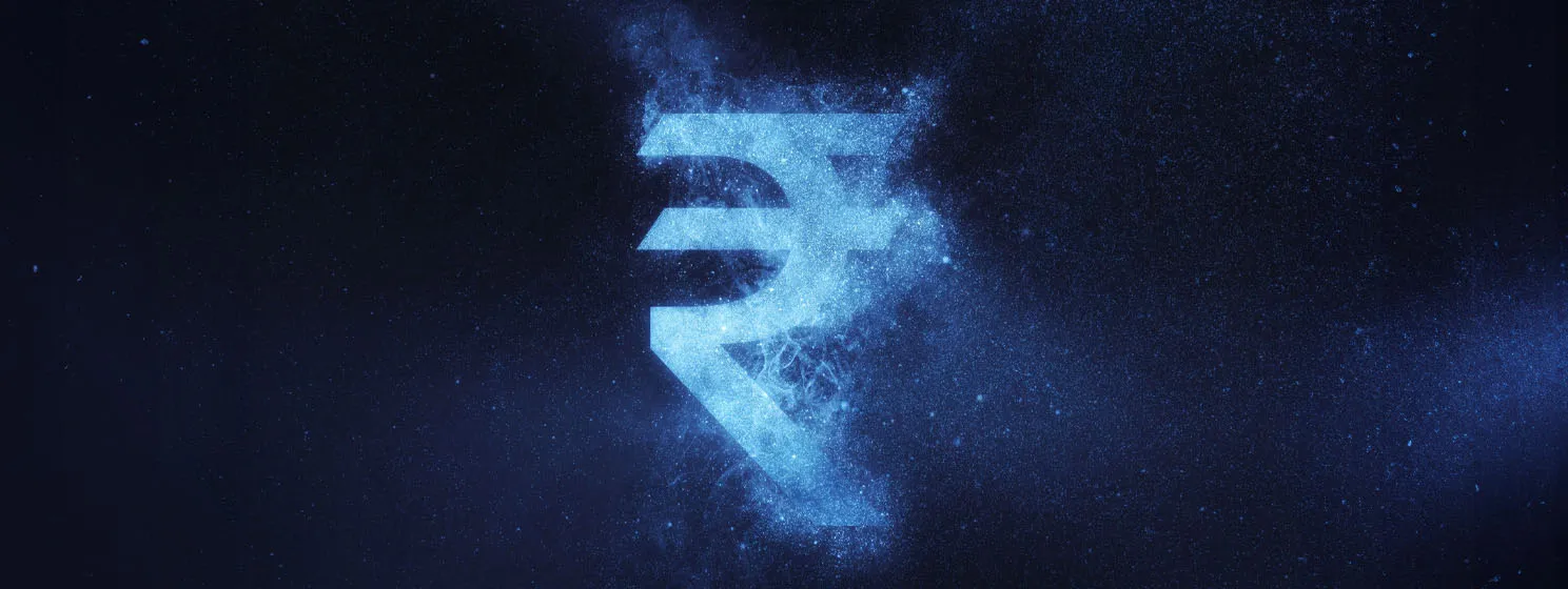 Indian Rupee sign over Abstract night sky background