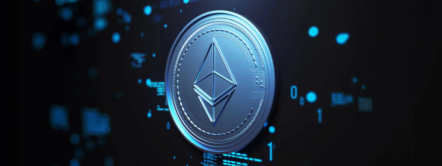 Ethereum coin with blue highlights on a dark digital background