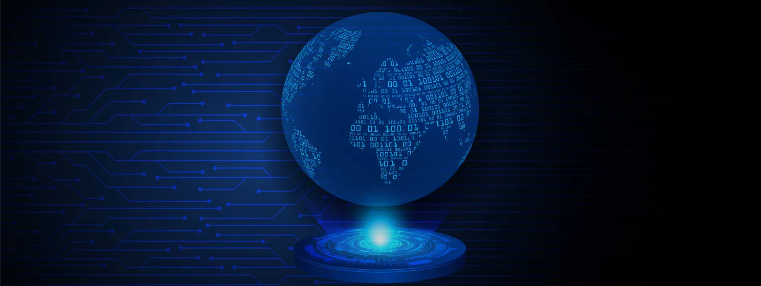 Earth globe with digital circuit on dark blue background