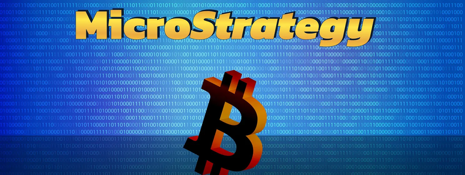 Banner MicroStrategy Incorporated on digital background with Bitcoin symbols