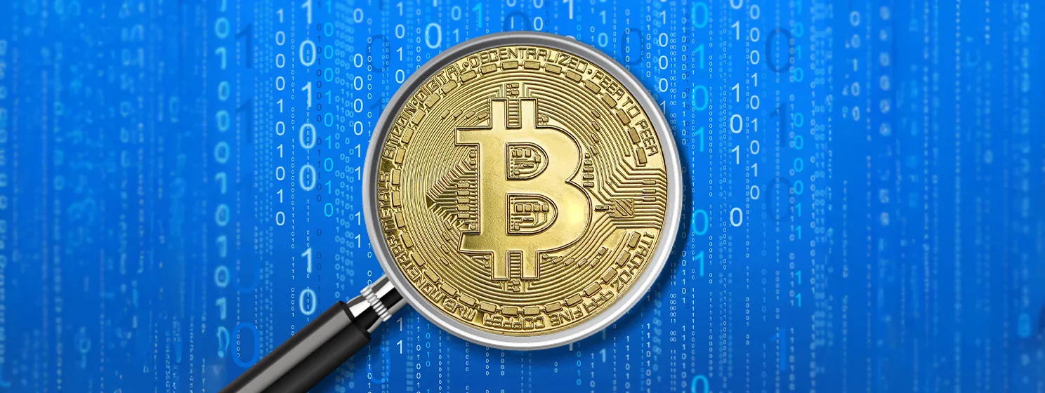 Magnifying glass focused of virtual currency bitcoin