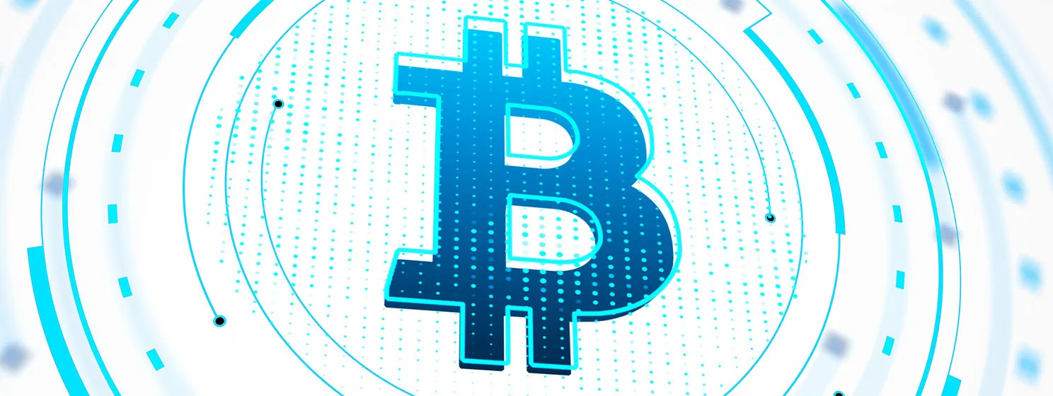 Blue Bitcoin symbol with futuristic circular graphics