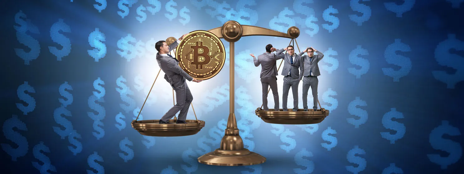 Businessman on scales with bitcoins concept banner