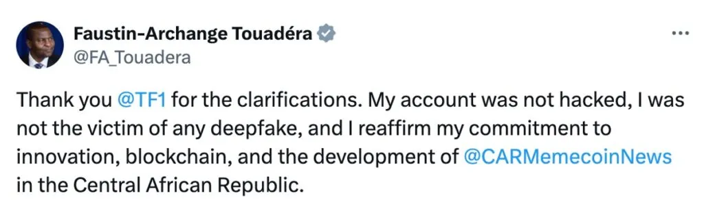 Faustin-Archange Touadera dismissing any claims that his account had been hacked.