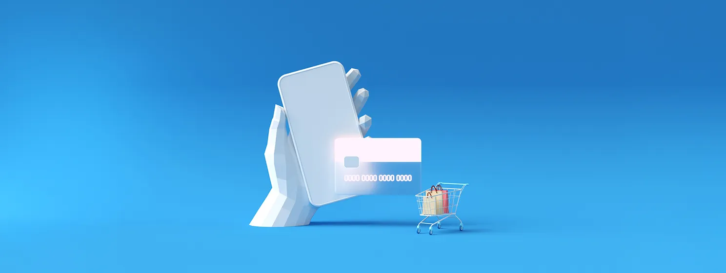 Hand holding smartphone and payment via credit card