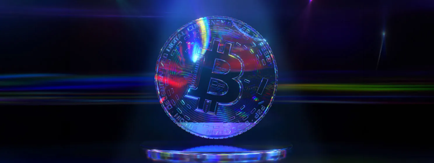 Diamond bitcoin on a dark background with neon lighting