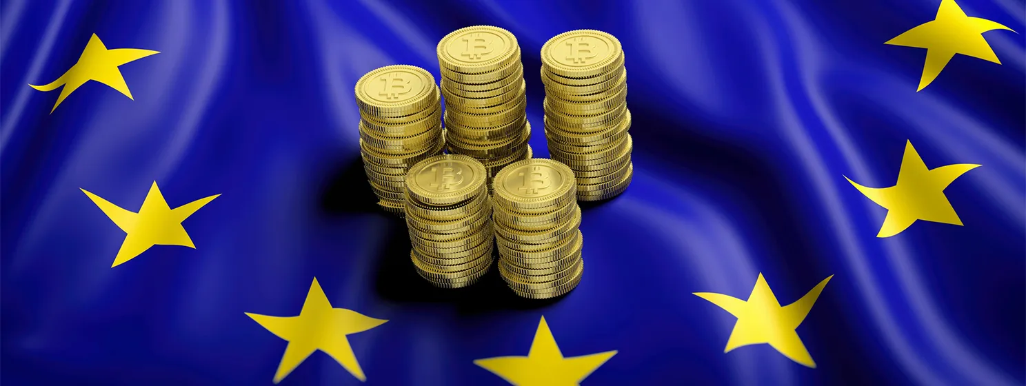 Flag of European Union with golden Bitcoin stacks