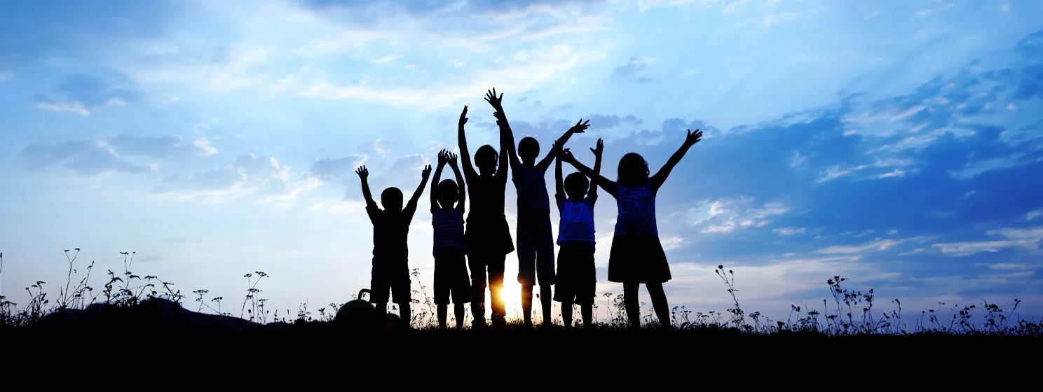 Silhouette, group of happy children playing on meadow, sunset, summertime