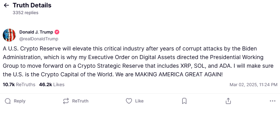 Truth post of President Donald Trump