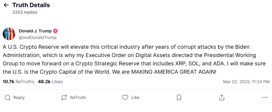 Truth post of President Donald Trump