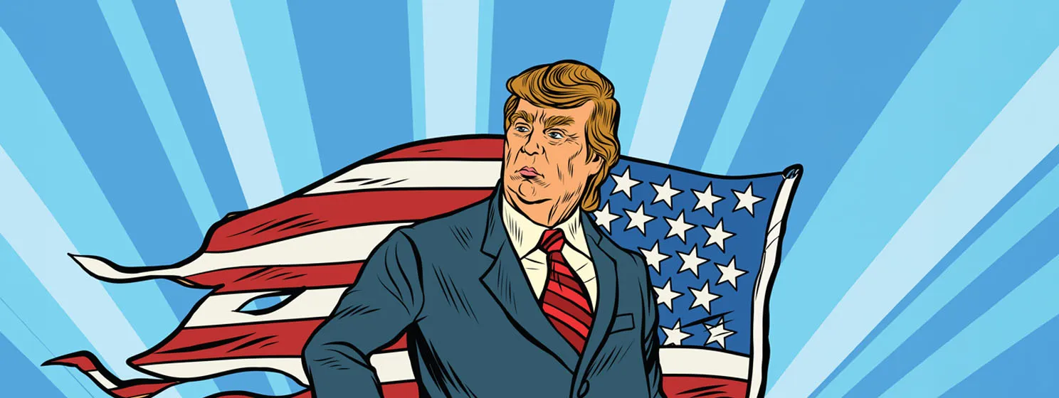 President Donald trump with USA flag editorial cartoon