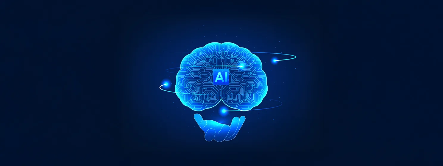 hand holds a brain with electrical circuit and AI chip