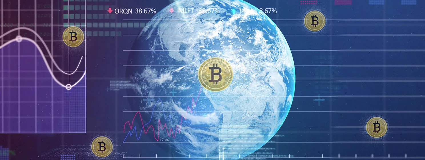 Image of bitcoin symbol over globe and data processing banner concept