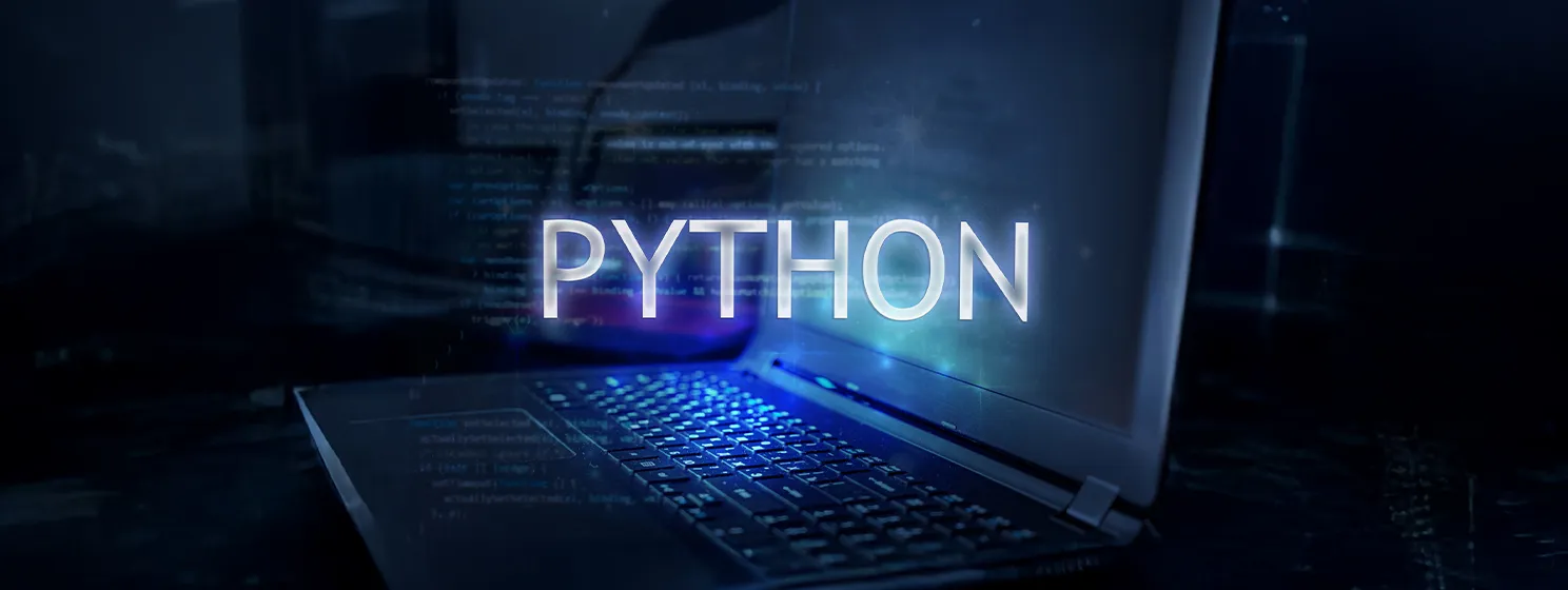 Python inscription against laptop and code background