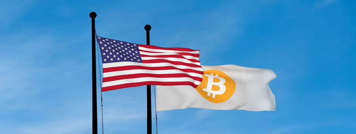 US flag and Bitcoin Flag waving over blue sky