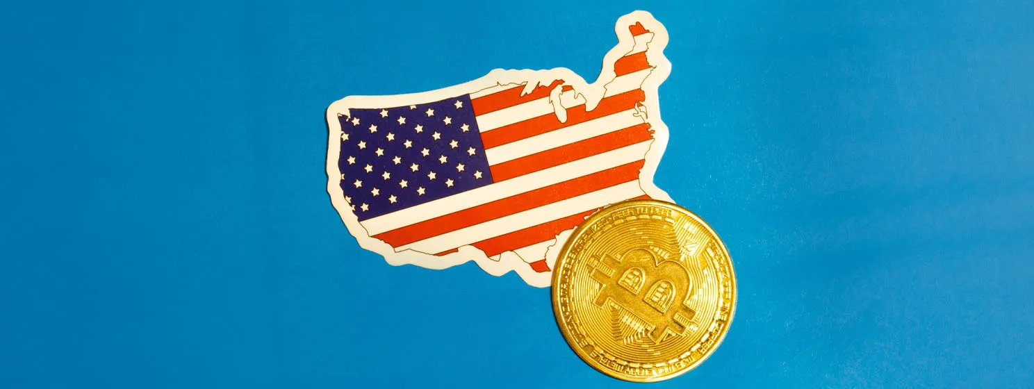 USA Flag with Bitcoin flat lay for illustration