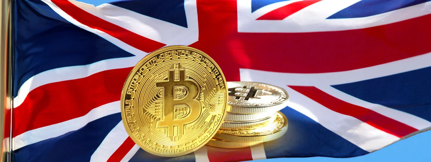 Bitcoin coin and UK flag concept banner