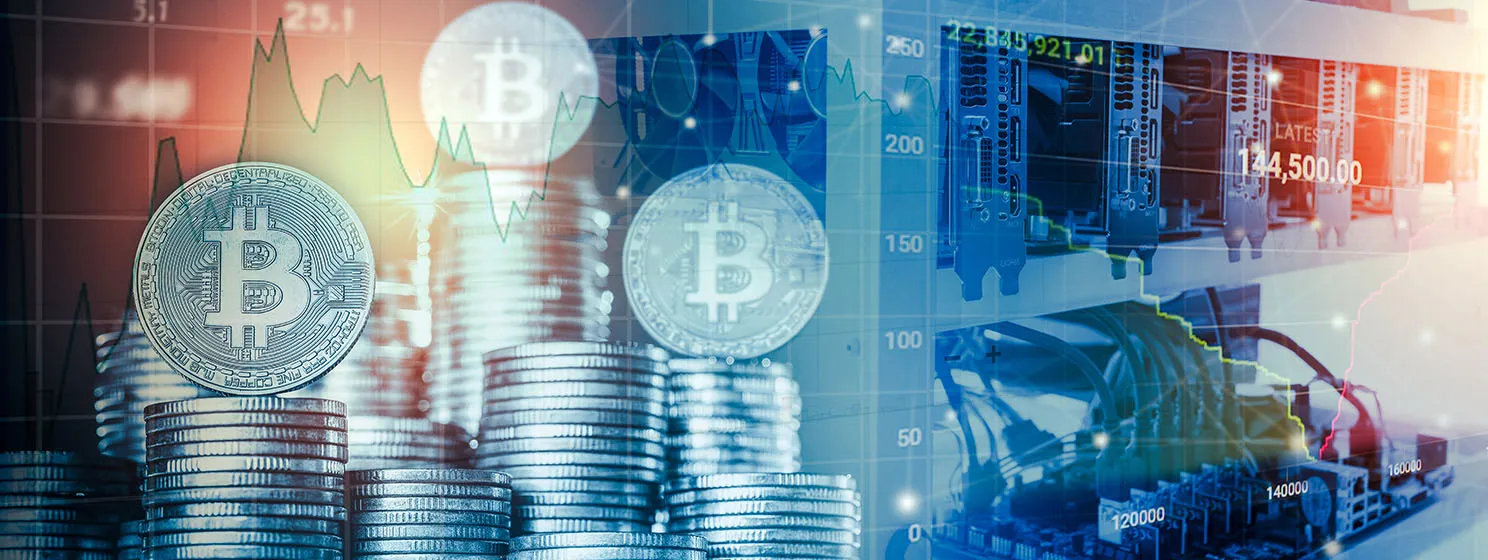 Bitcoin mining over stock market concept banner