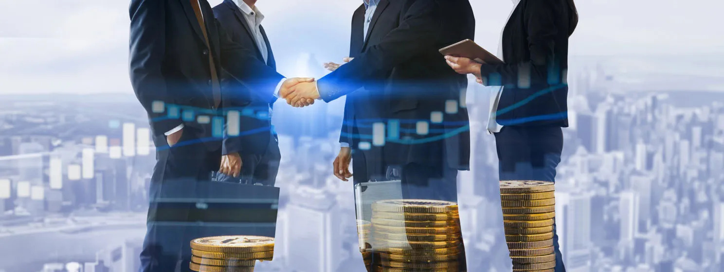 Double exposure business people handshake agreement with cityscape in background