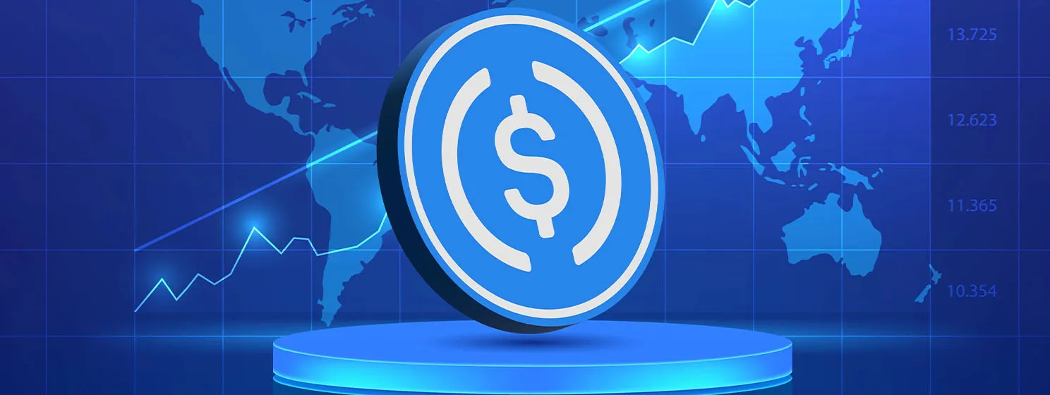 USDC virtual currency images on digital background