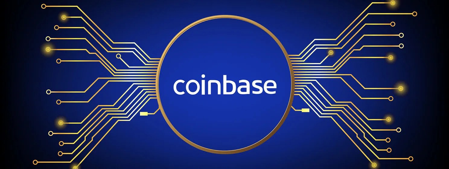 Coinbase logo in gold circle with pcb tracks on digital blue background