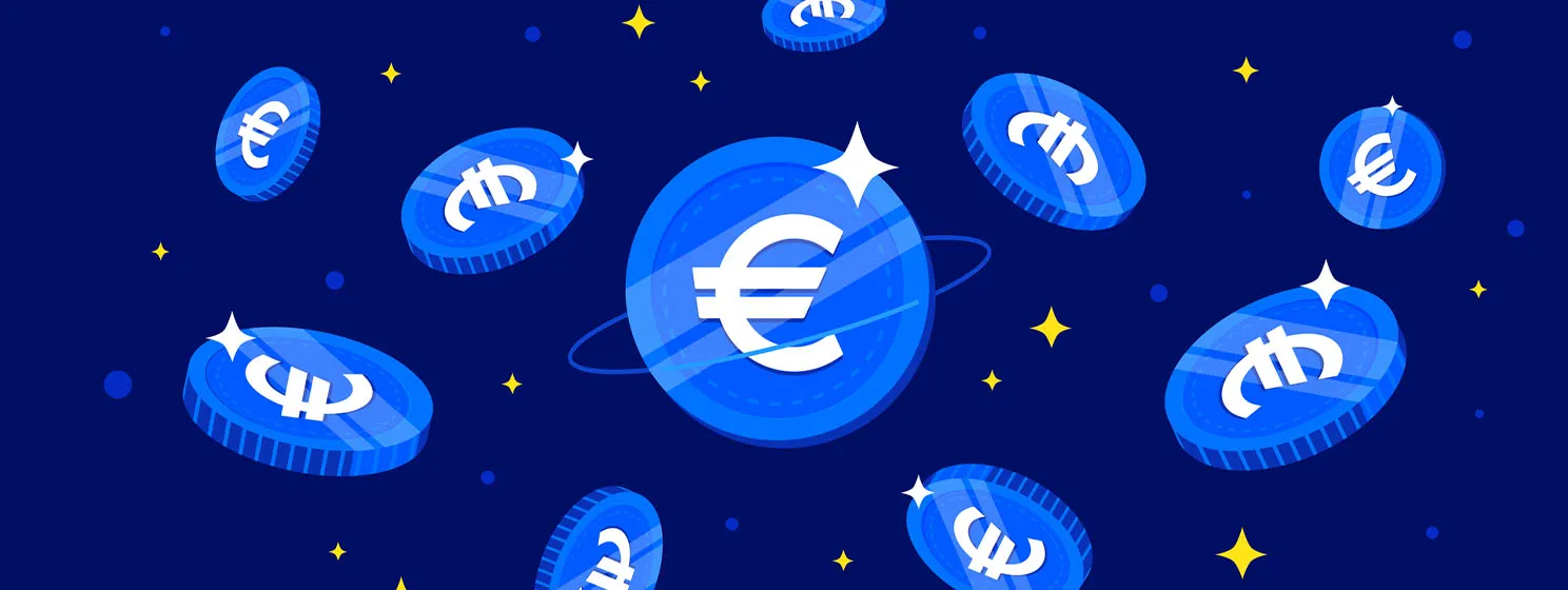 Digital Euro coins on blue background