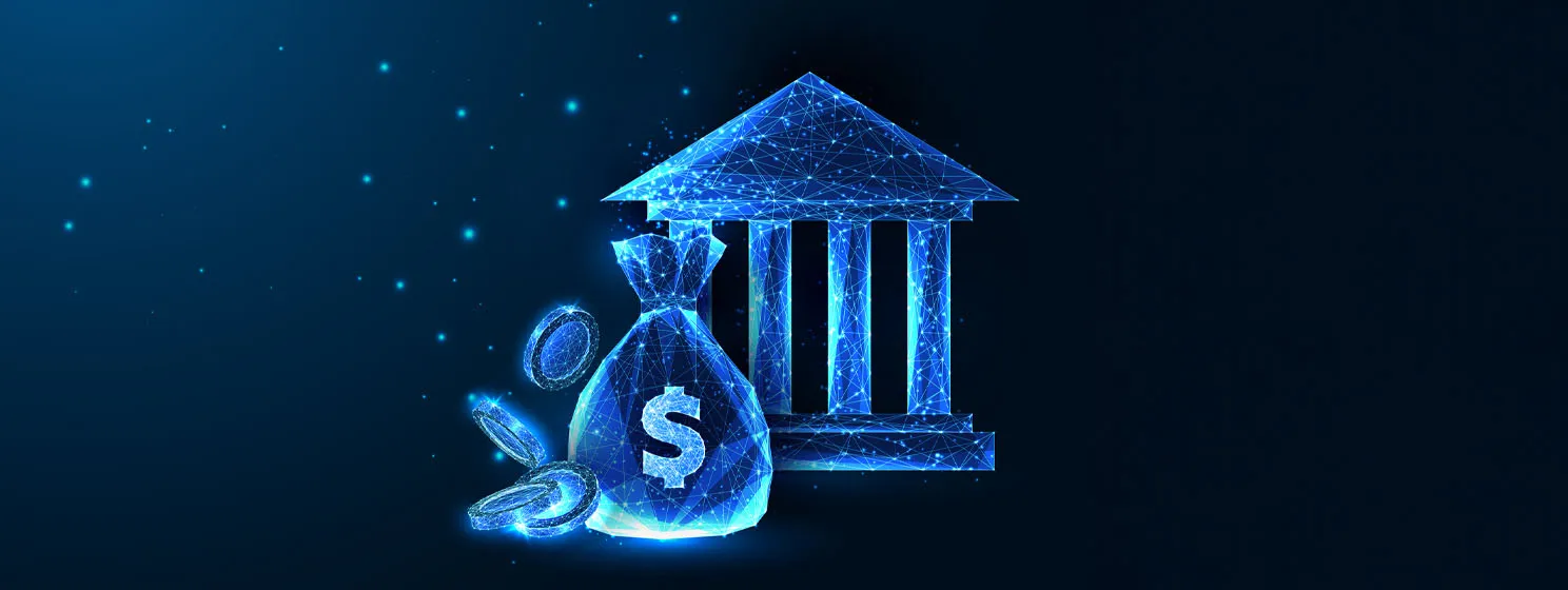 Concept of financial services with money bag, coins and bank building