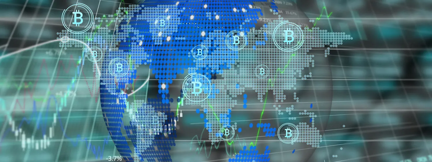 Digital world map with Bitcoin symbols and data charts