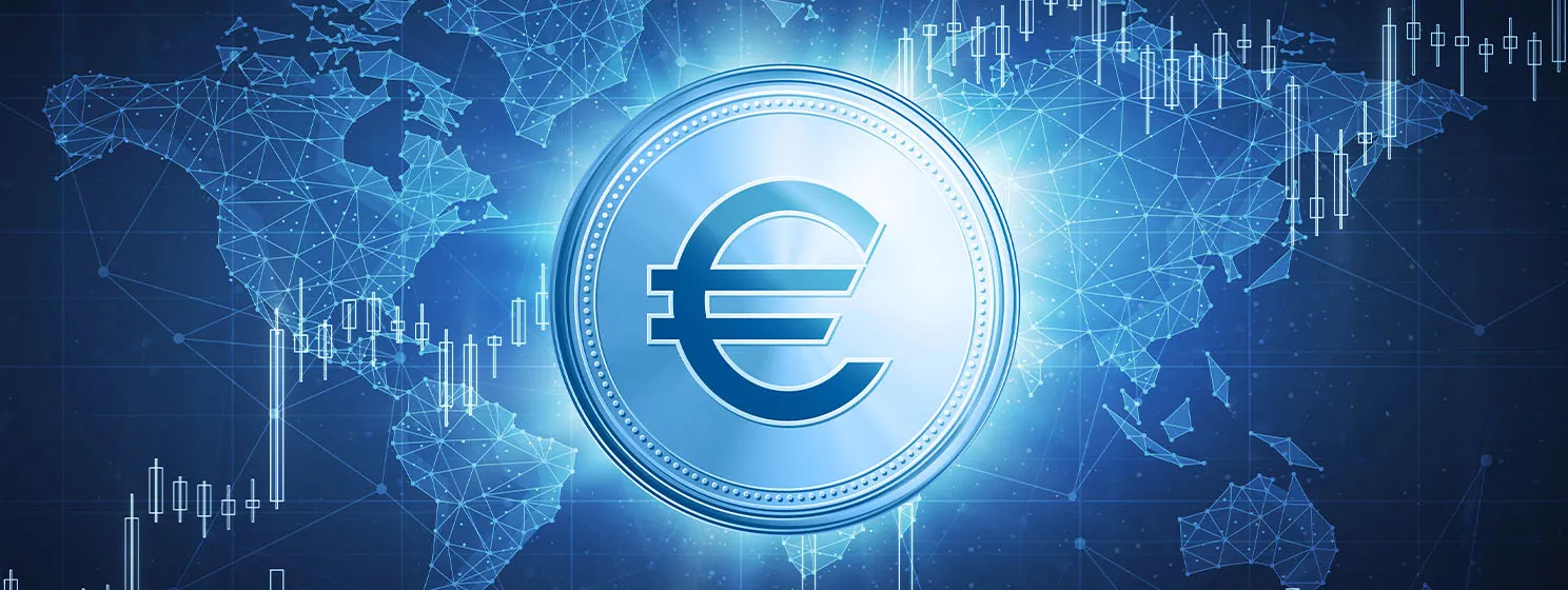 Euro coin on hud background with bull stock chart