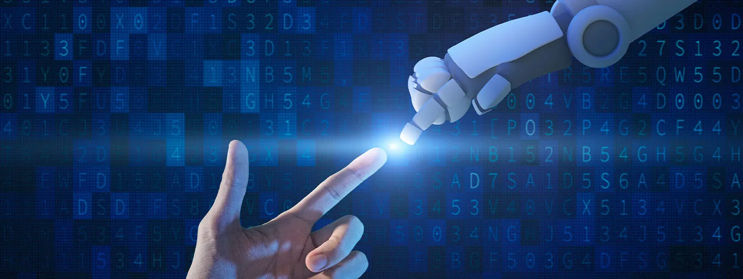 Human hand and robot hand with binary number code and light on blue screen background