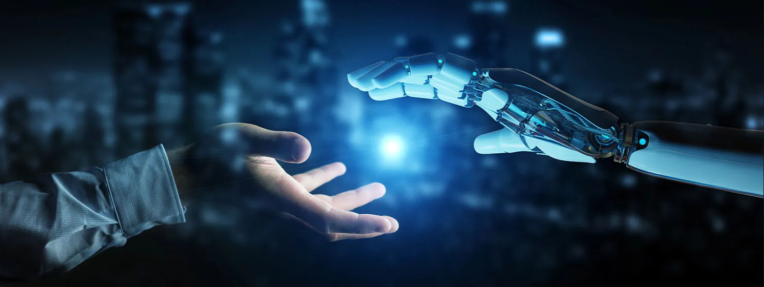 White cyborg hand about to touch human hand on dark city background