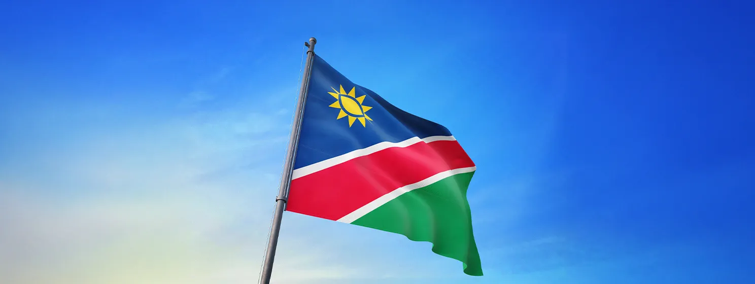 Namibia flag waving on the blue sky