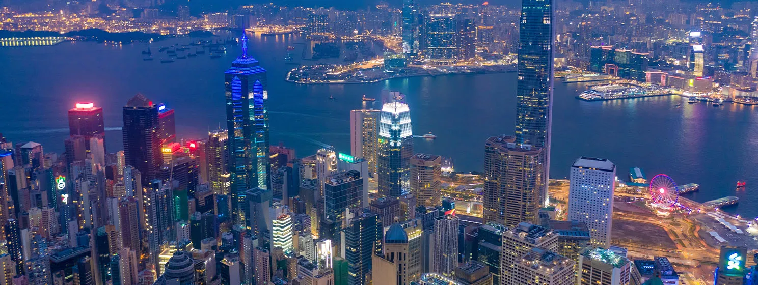 Aerial drone shot a Hong Kong Corporate Buildings streets