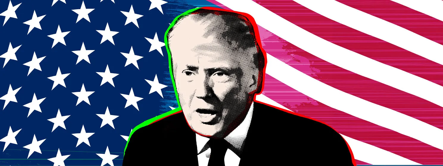 President Donald Trump edotrial banner over US flag