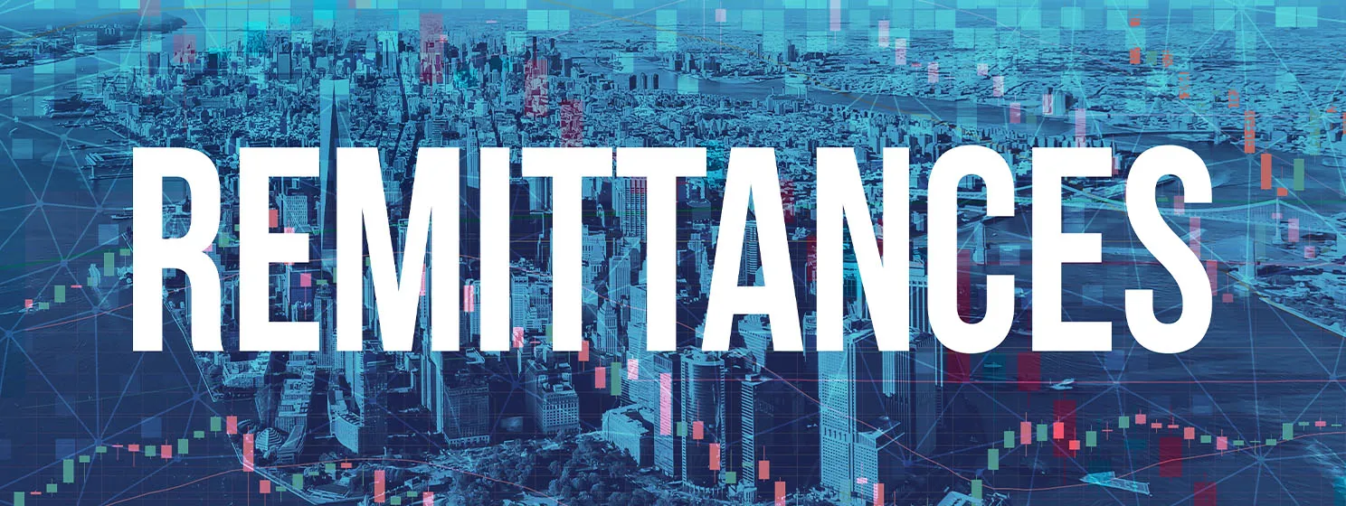Remittances banner over modern city