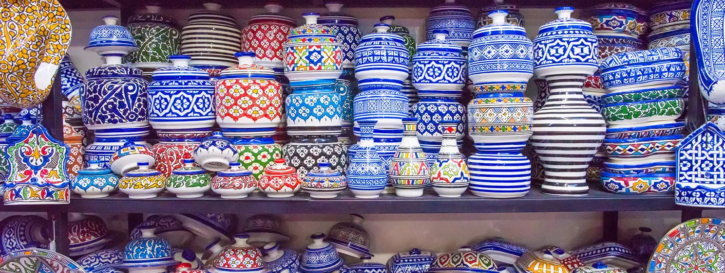 Traditional ceramic pottery Morocco bazaar.