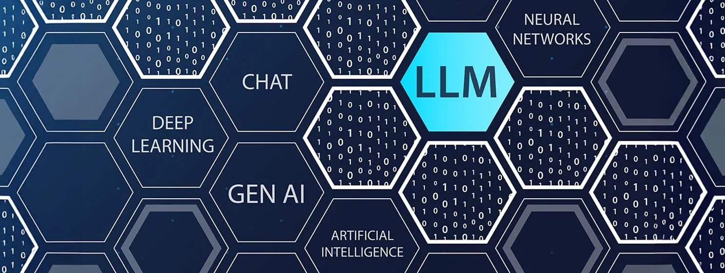 LLM Large Language Model vector illustration on dar, blue background with hexagonal shapes and words — Vector