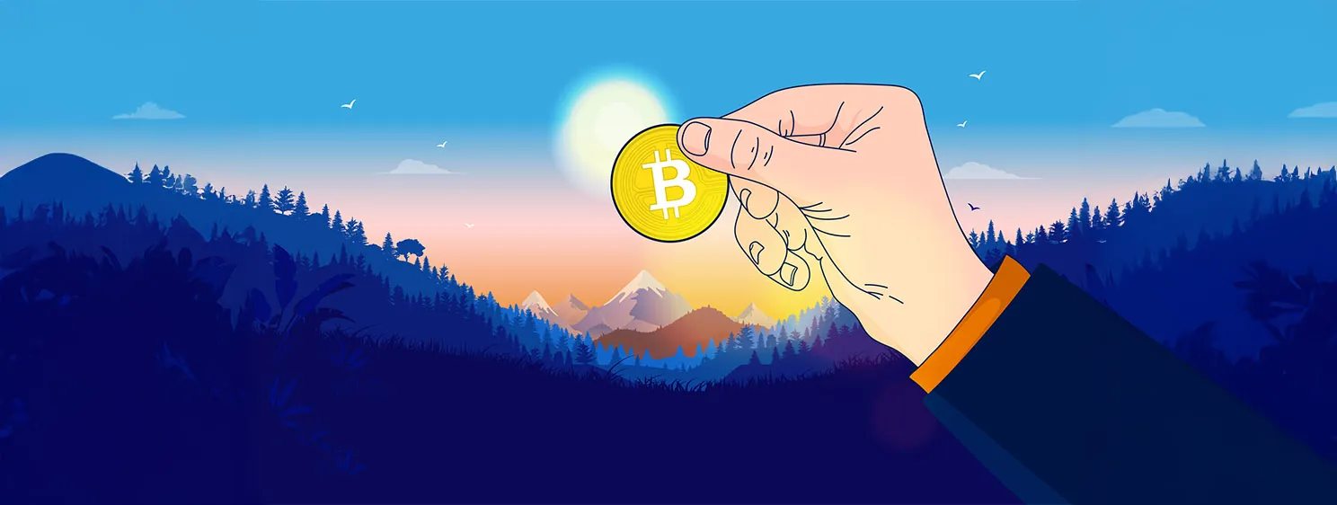 Bitcoin success in sunrise. Hand holding one bitcoin in front of sun in beautiful landscape. New economy, fresh start and positive outlook for crypto currency concept. Vector illustration.