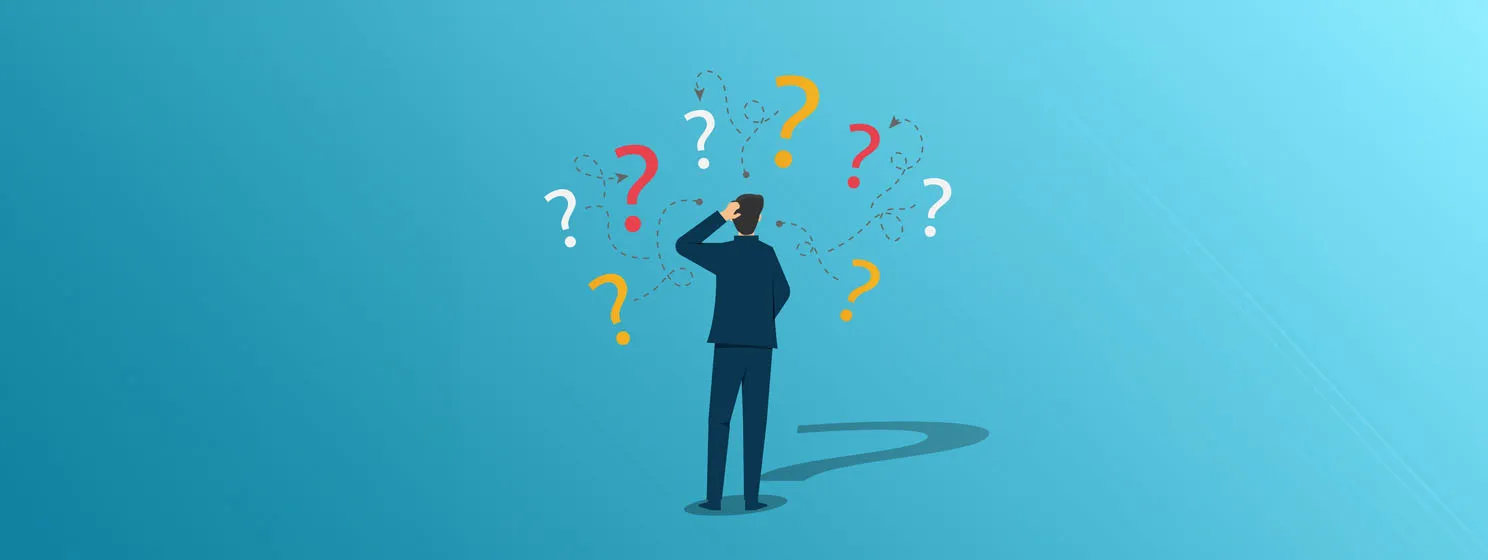 Unsure businessman thinking and doubting with question mark concept